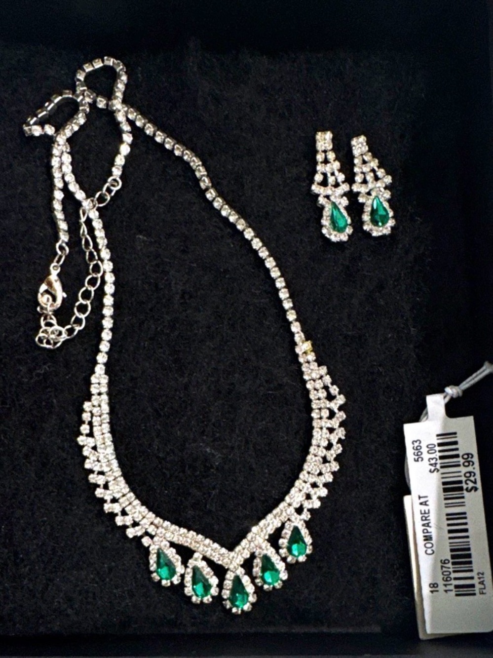 Emerald Green Rhinestone Statement Necklace & Drop Earrings Set, Elegant Sparkli